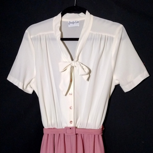 Vintage Jennifer Gee Cream and Pink Short Sleeve Midi Dress w/ Neck Tie Sz 14 - Picture 2 of 8
